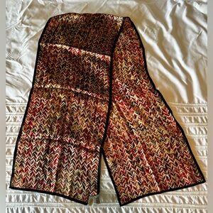 100% Silk scarf by Talbots. Long neck or head design. Black red cream tan CLEAN